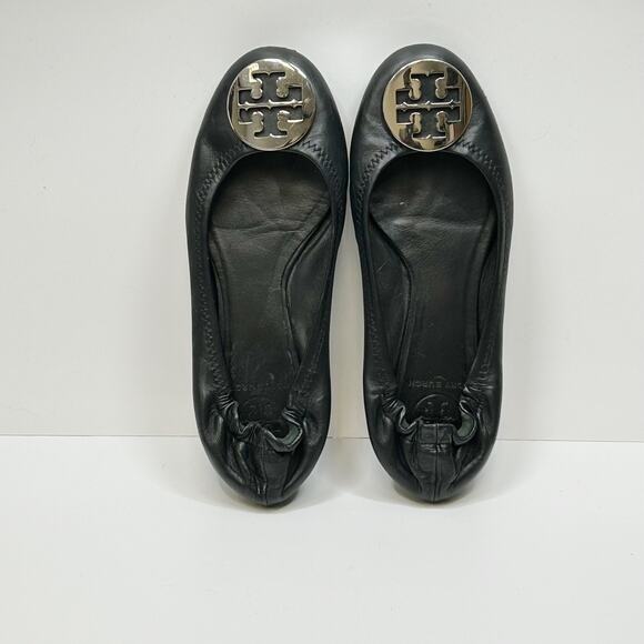 TORY BURCH Minnie Ballet Flats Black Leather Slip On Silver Logo Classic Sz 7 - Picture 3 of 7